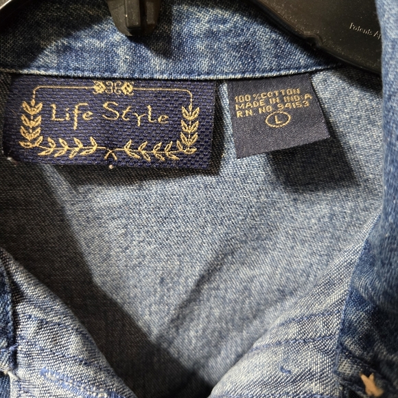 Life Style Mixed Media Embroidered Floral Denim Button Up Light Weight Coat - Picture 3 of 6